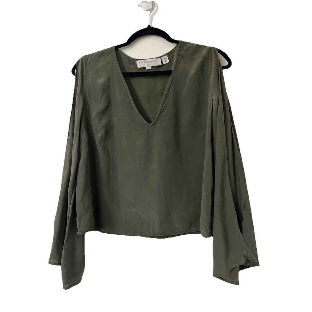 Keepsake The Label Women L 100% Silk Green Flare Split Long Sleeve Top Blouse